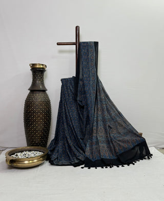 Ajrakh Indigo Blue Pure Mul Cotton Saree