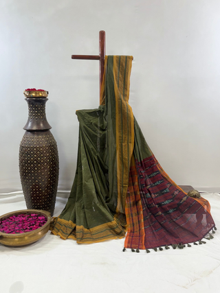 Odisha Cotton Saree Sagarpali,Sambalpur (Pine Green)