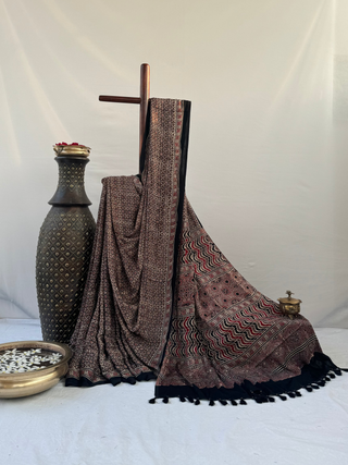 Ajrakh Natural Dyed Modal Silk Saree-From Ajrakh Village (Black and Pecan)