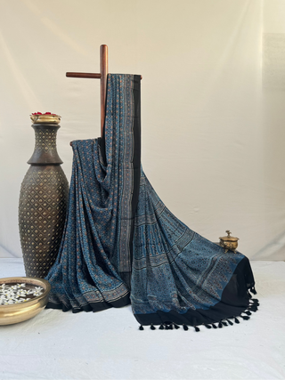 Ajrakh Natural Dyed Modal Silk Saree-From Ajrakh Village (Ajrakh Blue)