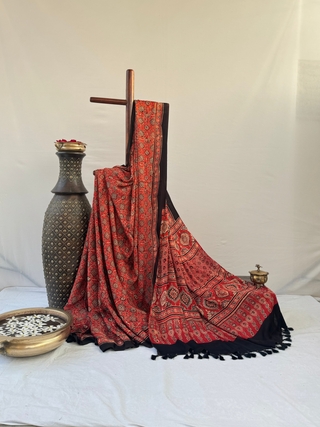 Ajrakh Natural Dyed Modal Silk Saree-From Ajrakh Village (Red and Black)