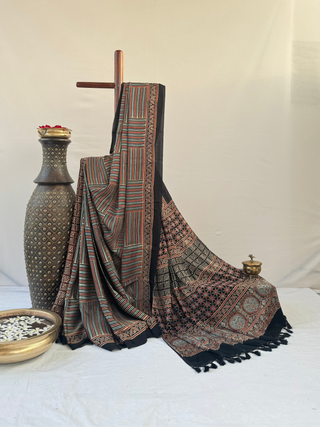 Ajrakh Natural Dyed Modal Silk Saree-From Ajrakh Village (Stripes on Ajrakh Black)