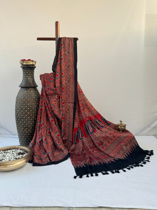 Ajrakh Natural Dyed Modal Silk Saree-From Ajrakh Village (Ajrakh Red and Black)