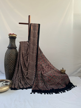 Ajrakh Natural Dyed Modal Silk Saree-From Ajrakh Village (Black and Pecan)