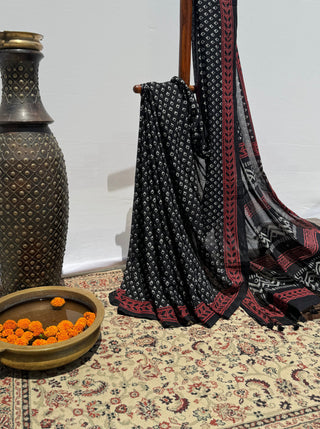 Bagru Black Saree, Mulmul Cotton