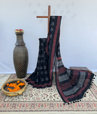 Bagru Black Saree with Leaf Print