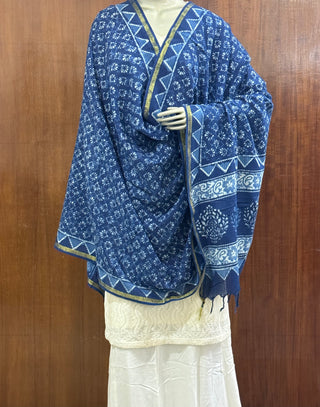 Indigo Dabu Print Pure Cotton Zari Border Dupatta