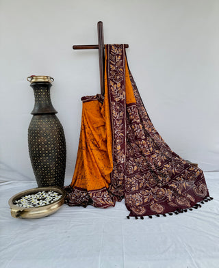 Batik Print Cotton Saree from Bholpur, Shantiniketan (Brown-Mustard Yellow)