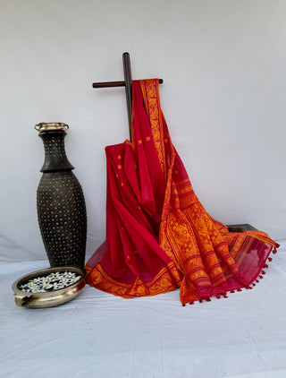 Red Tant Saree with Golden Orange Beautiful Weaved Design Border, Pallu with Butta