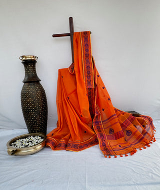 Orange Tant Saree with Weaved Blue Butta Border Pallu