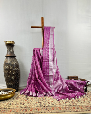 Bhagalpur Linen Saree, Linen by Linen Silver Zari Checkered Design (Purple)